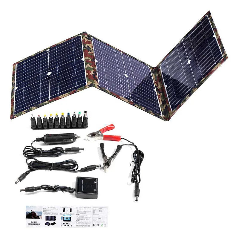 Black foldable 36W portable solar panel unfolded with included charging accessories