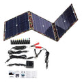 Black foldable 36W portable solar panel unfolded with included charging accessories
