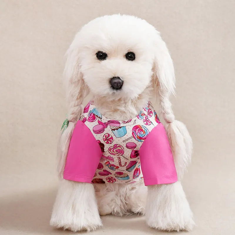 Colourful printed polyester t-shirt for a small dog, showing size options S, M, L, XL, XXL.