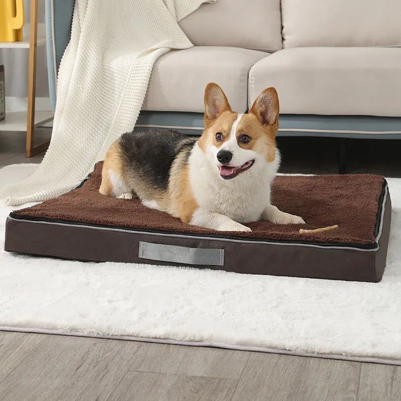 Brown removable washable dog pet mat with memory sponge cushion on wooden floor