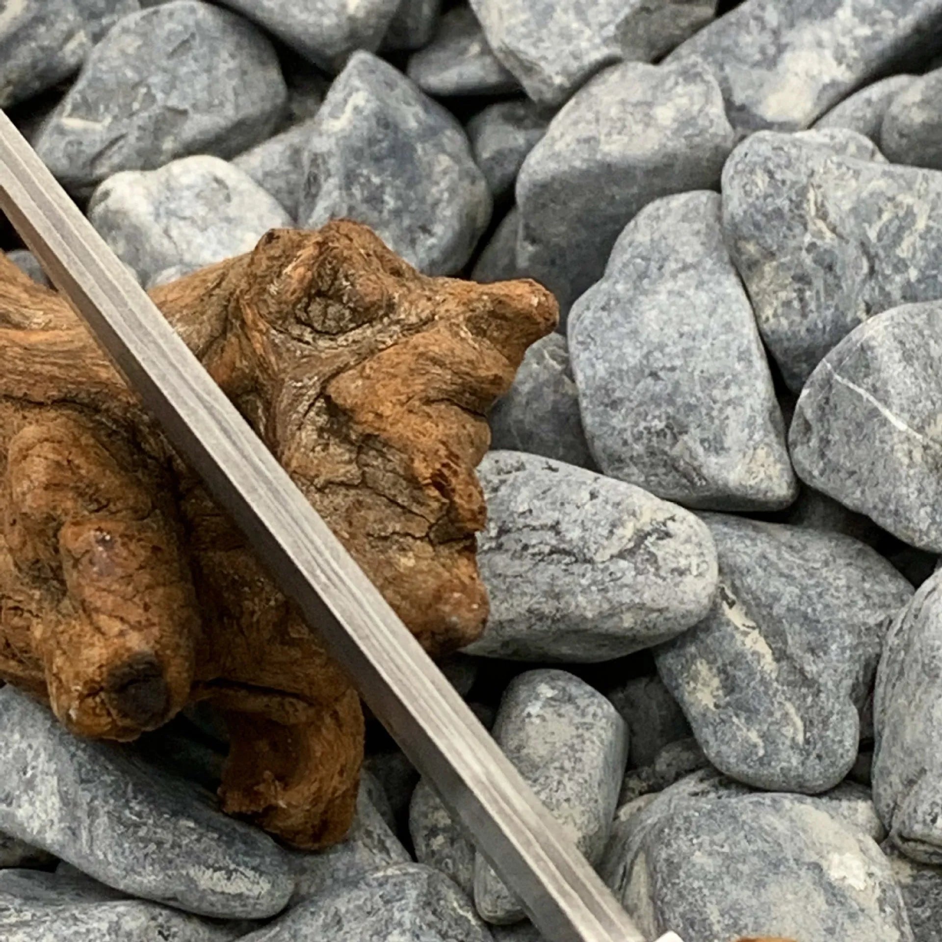 Damascus pattern steel short knife with VG10 steel blade and Thuja wood handle on wooden surface