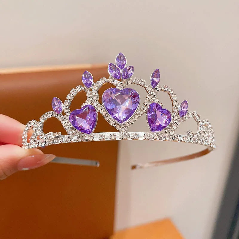 Children's crystal crown metal headband with electroplated finish in pink, light blue, or light purple for girls aged 3-10