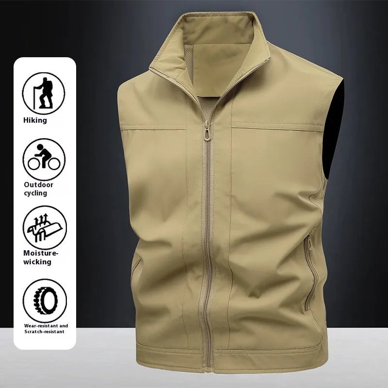 Men's casual workwear jacket with stand-up collar in solid colour, loose fit, polyester blend fabric