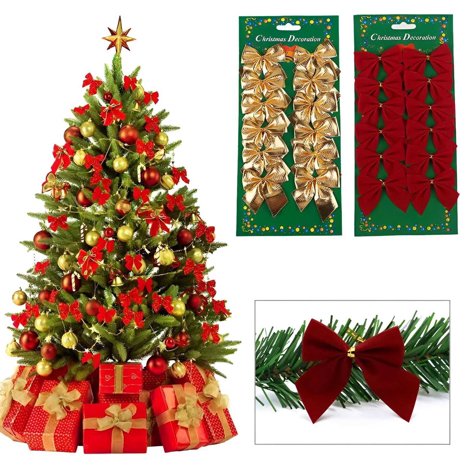 Christmas tree decorative bows in red, gold, silver, and red gold colours, 5 cm polyester ribbon ornaments