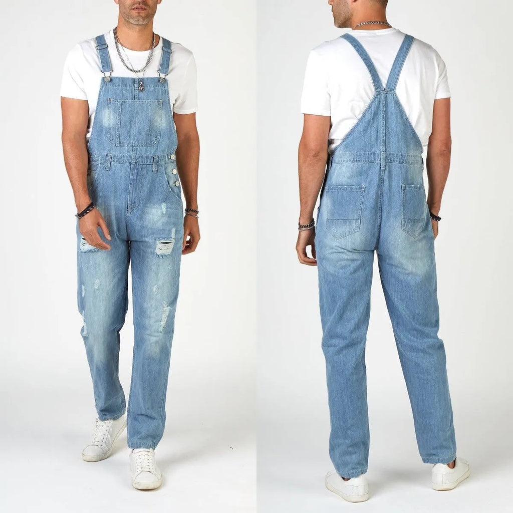 Men's high waist ripped suspender jeans in light blue polyester denim with button fly