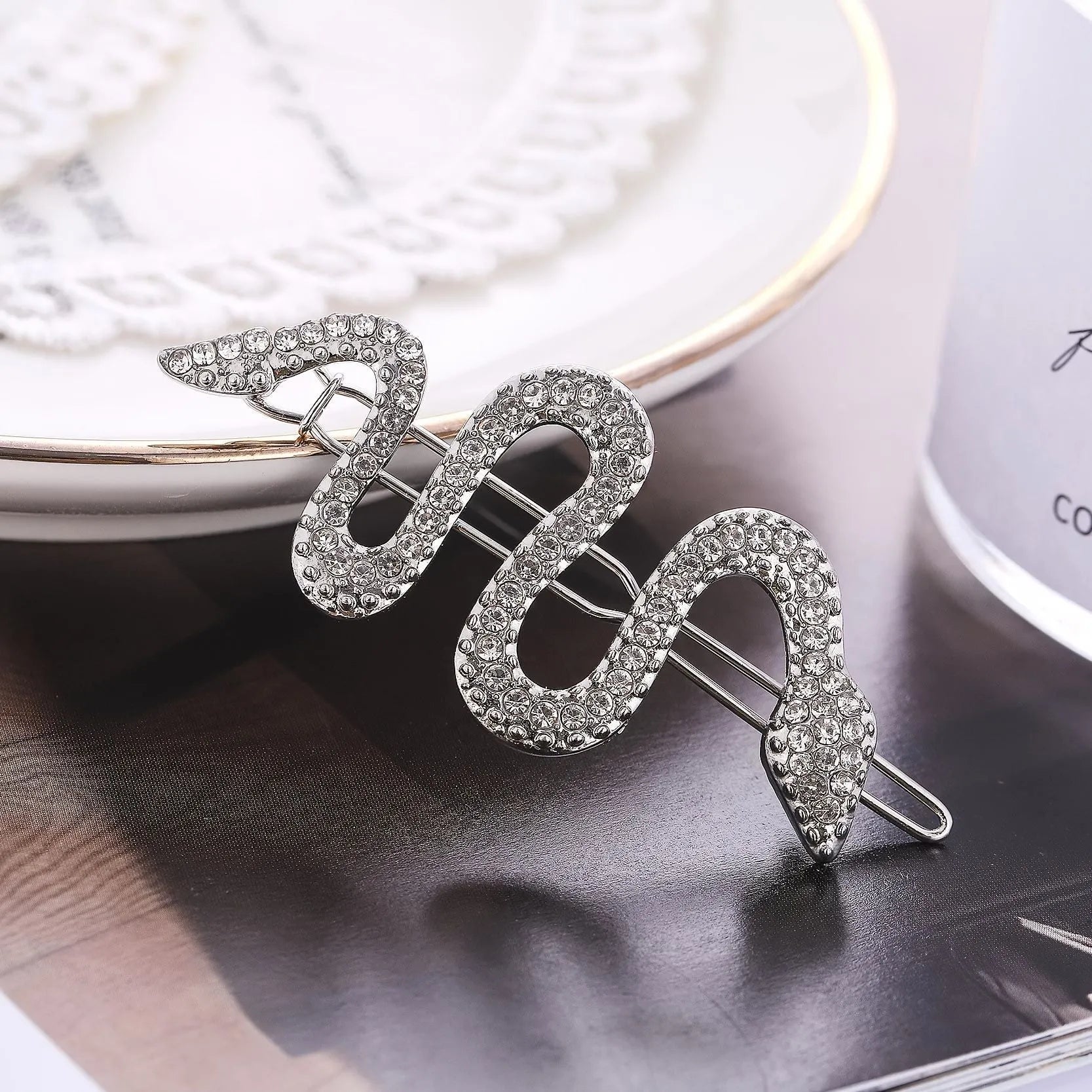 Vintage Korean snake-shaped hair clip with full rhinestone coverage in gold or silver electroplated alloy
