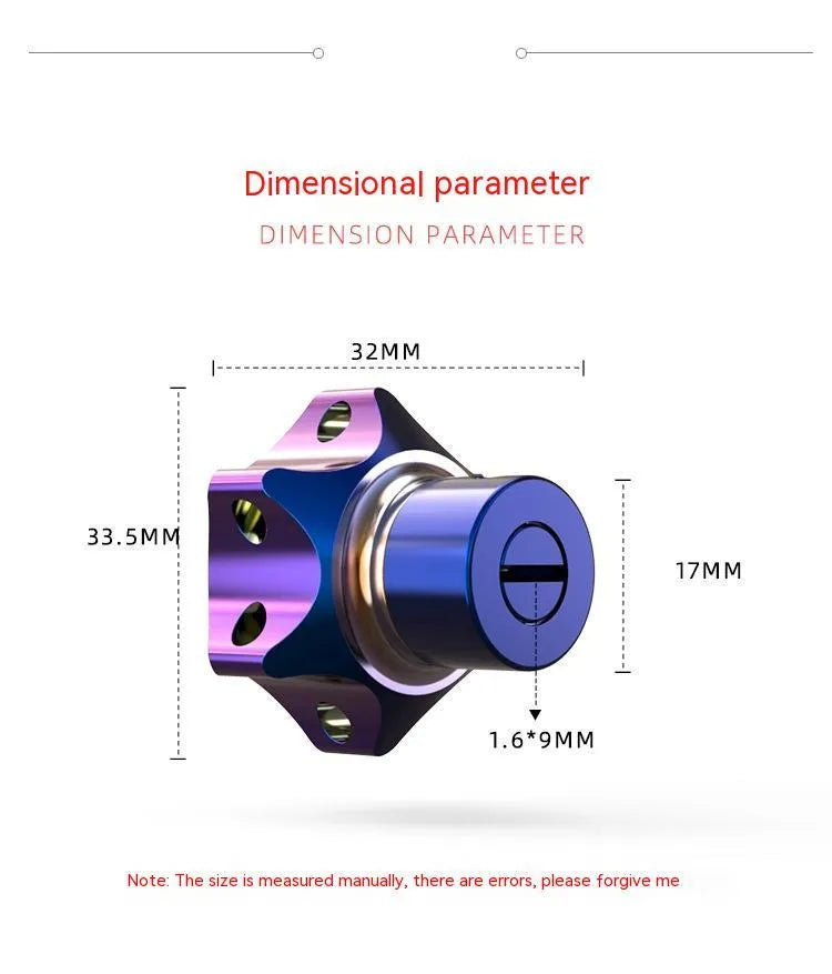 Motorcycle key modification accessories showing hexagon, five-pointed star, and plum blossom T6 aluminium alloy key heads with blue and white keychains