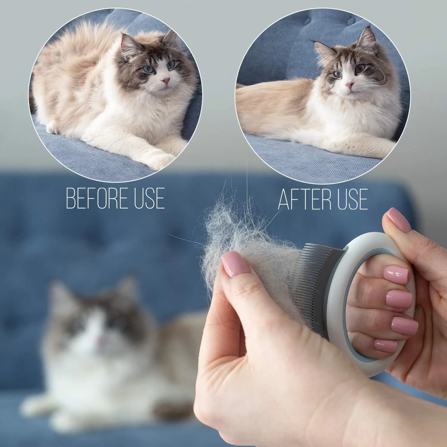 Blue pet deshedding comb with soft plastic teeth and an ergonomic handle on a white background.