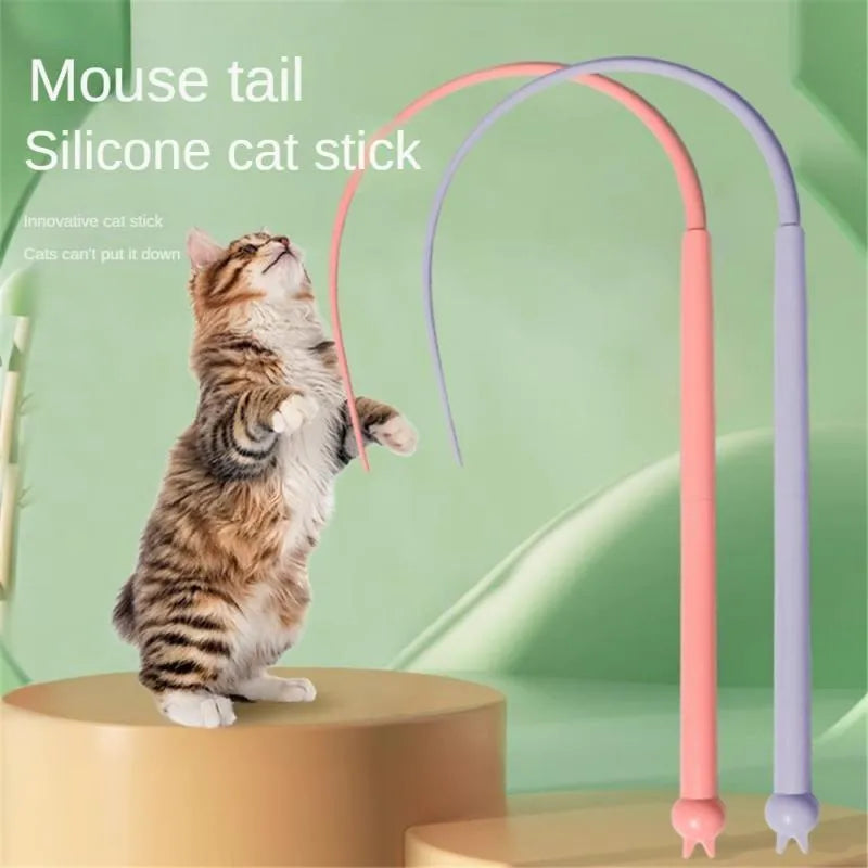 Blue silicone mouse tail cat toy with cat head handle showing 80cm length