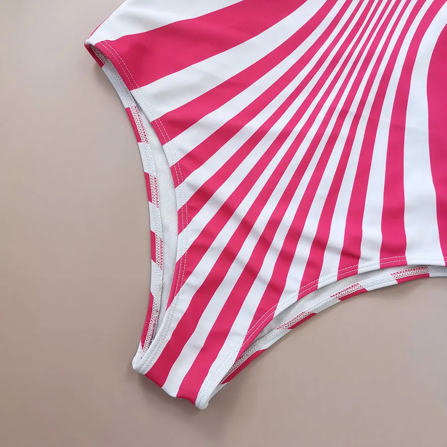 Women's pink striped one-piece swimsuit with digital printing on front and rear