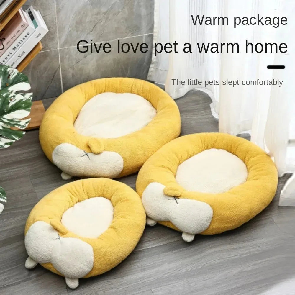 Corgi shaped plush pet bed for dogs and cats in Size L, PP cotton filled, beige and brown colours