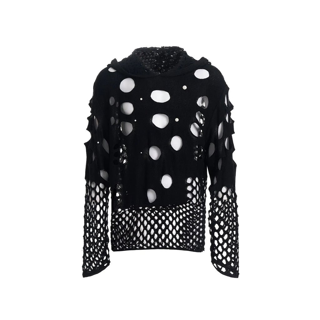 Black men's loose fit hoodie with pearl decorative trim on the hood, a pullover style for spring.