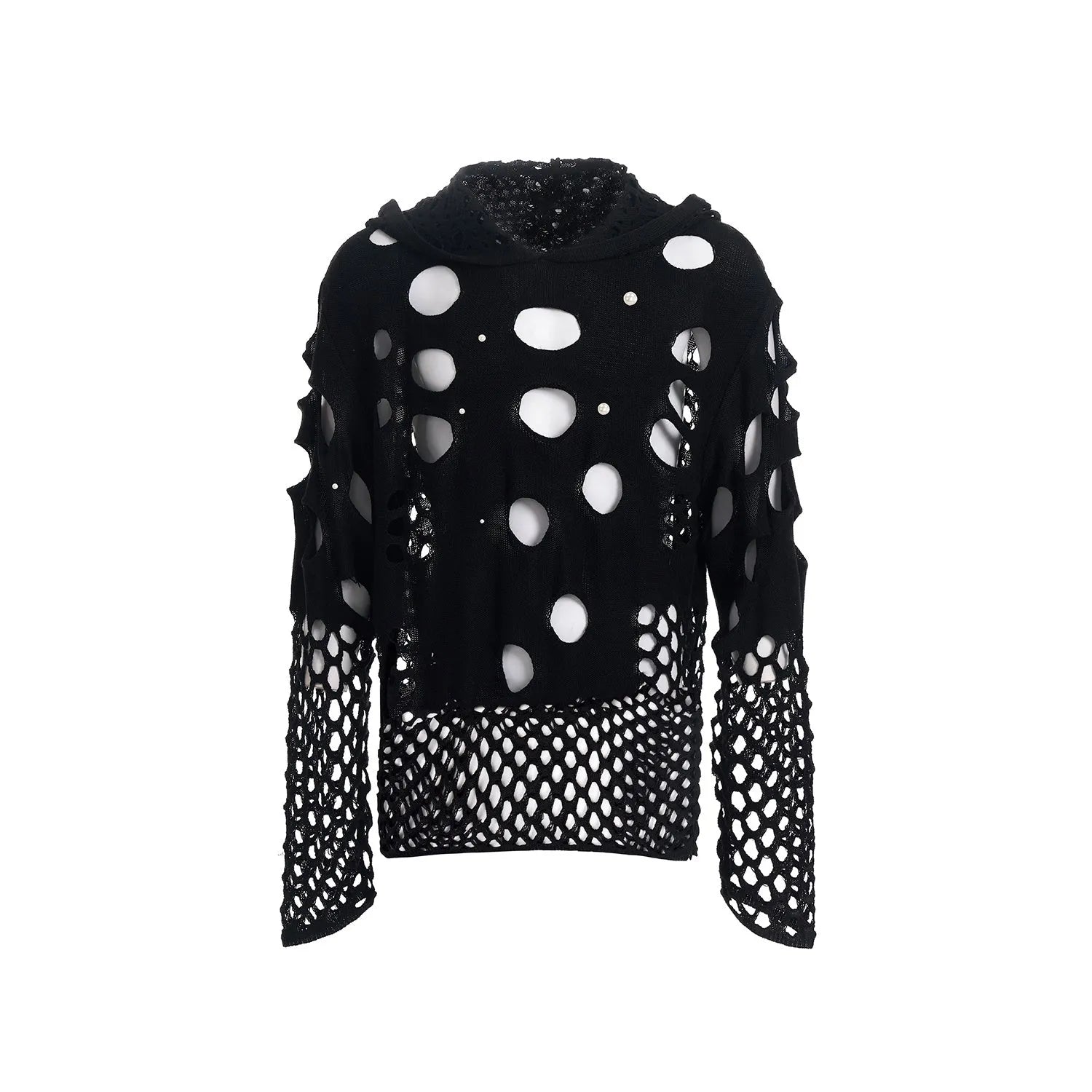 Black men's loose fit hoodie with pearl decorative trim on the hood, a pullover style for spring.