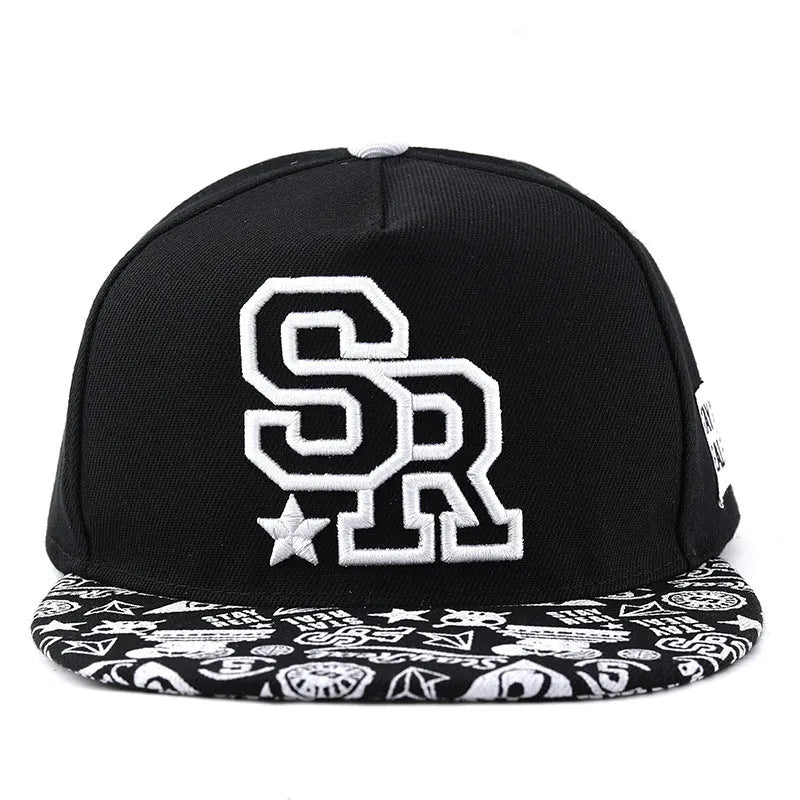 Cotton baseball cap with embroidered letters in black colour showing adjustable strap and dome crown