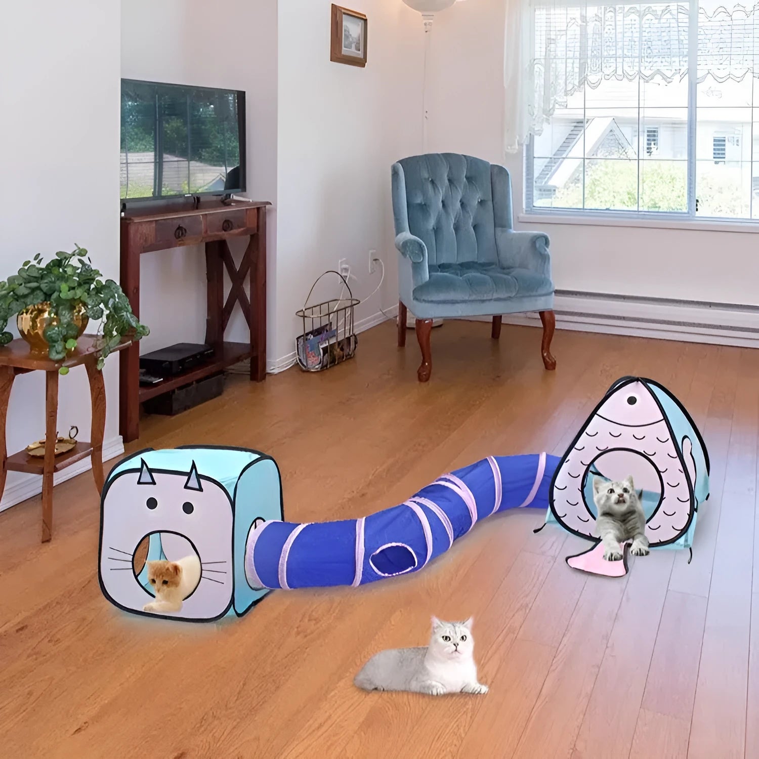 Foldable pet tent cat tunnel three-piece set with cat and fish designs