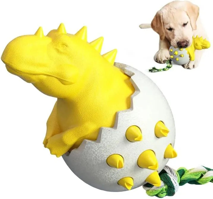 Blue dinosaur-shaped dog chew toy with rubber and nylon body, textured surface, and an integrated rope tail.