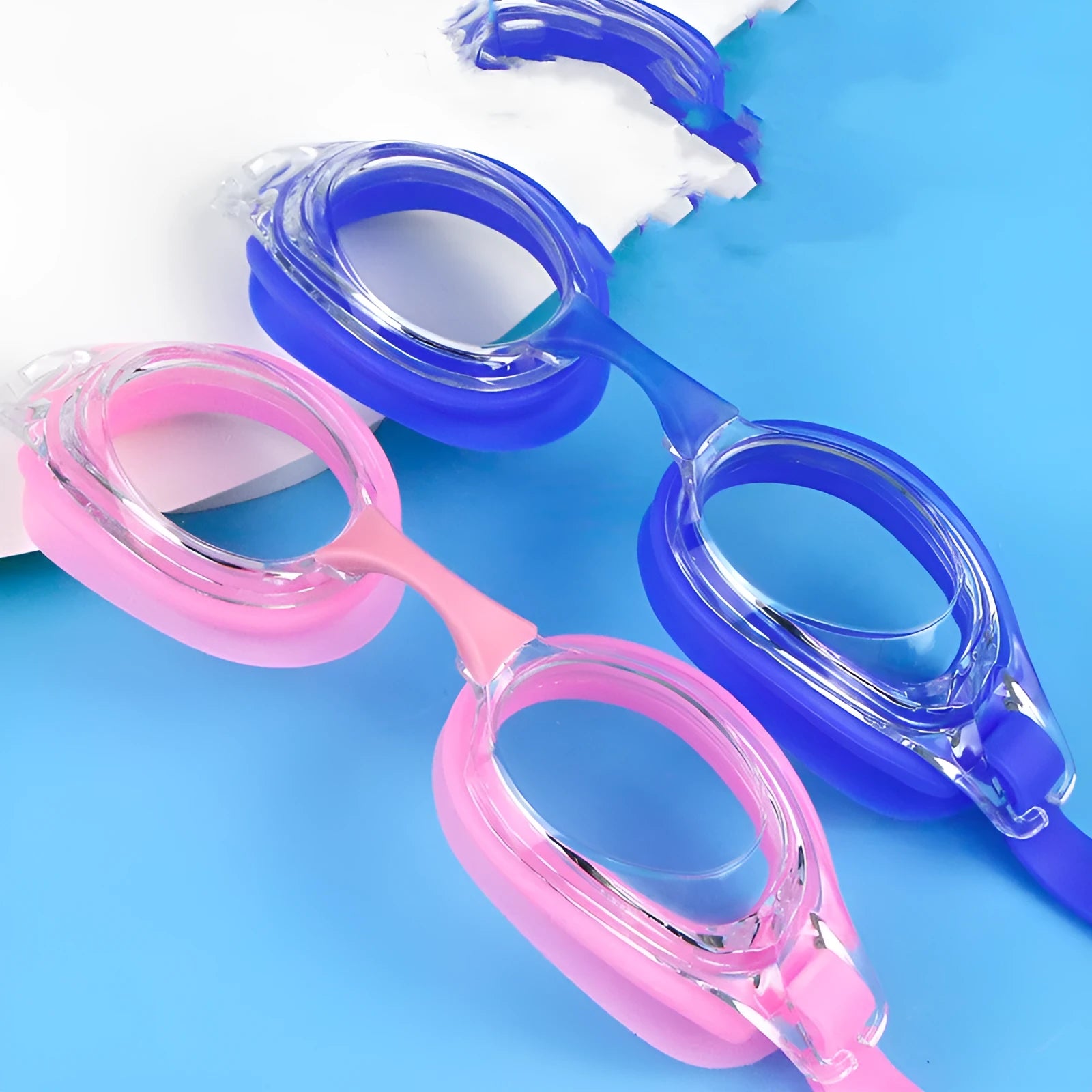 HD prescription swimming goggles with silicone seals in black, available in myopia grades 200 to 600 degrees.