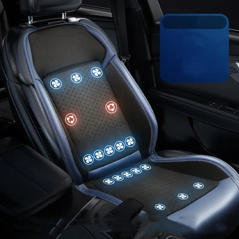 Car seat cooling pad with refrigeration, massage and ventilation functions in minimalist black design