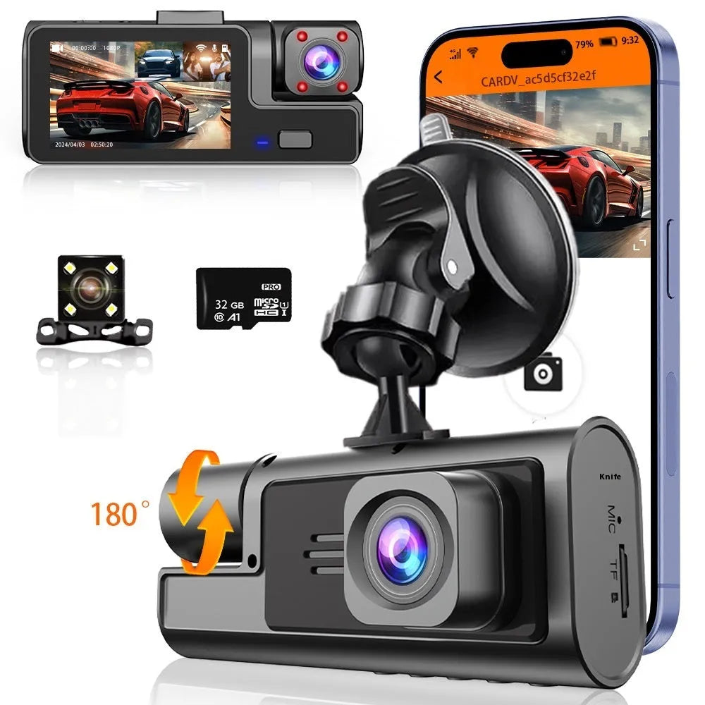 Car dash cam with 2.0-inch screen showing WiFi connectivity and reversing camera function