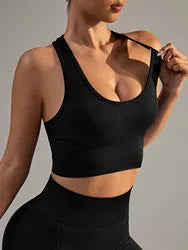 Quick-drying breathable sports bra for women in black with cross back design