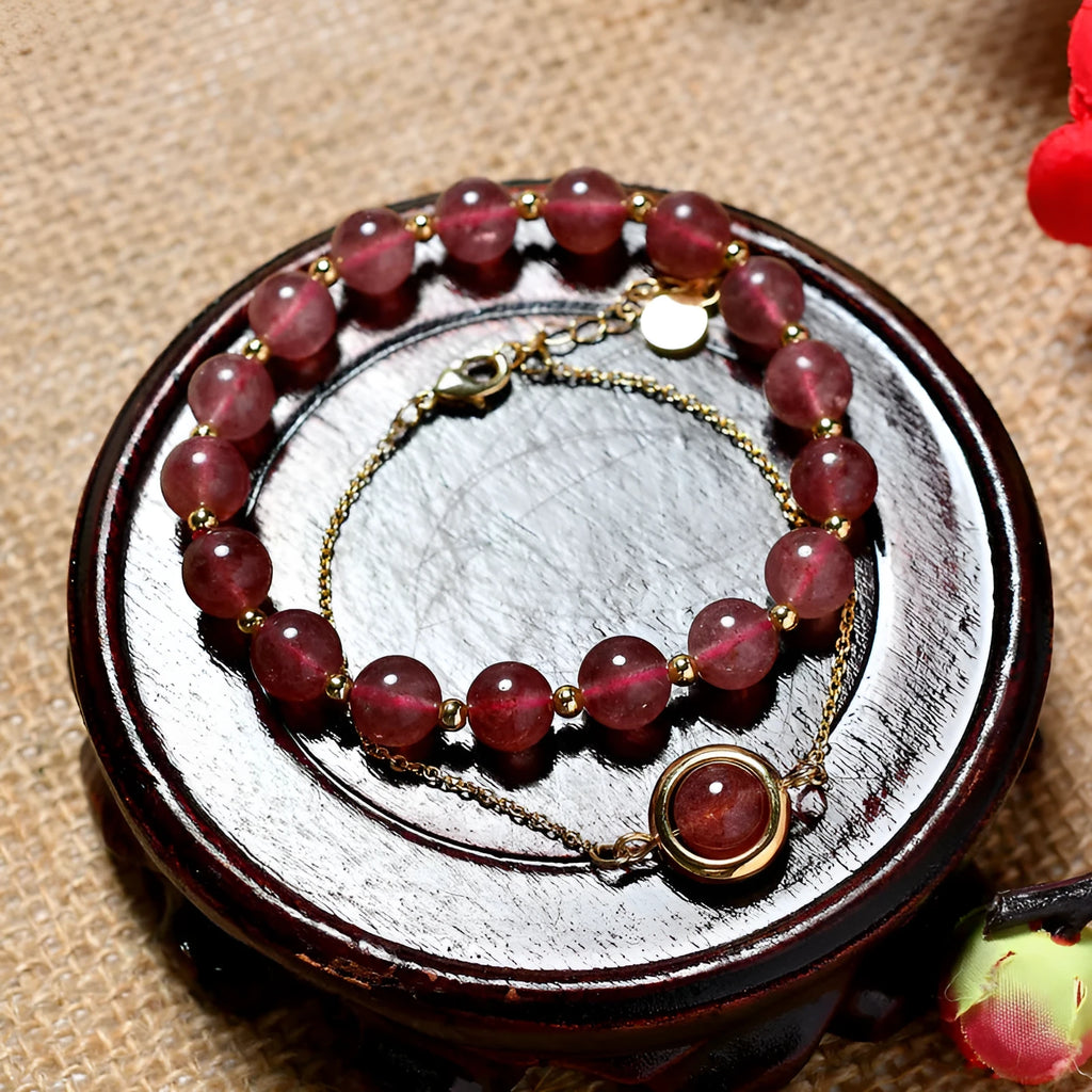 Double-layer strawberry crystal bracelet with lucky beads, electroplated real gold on copper, natural stone beads