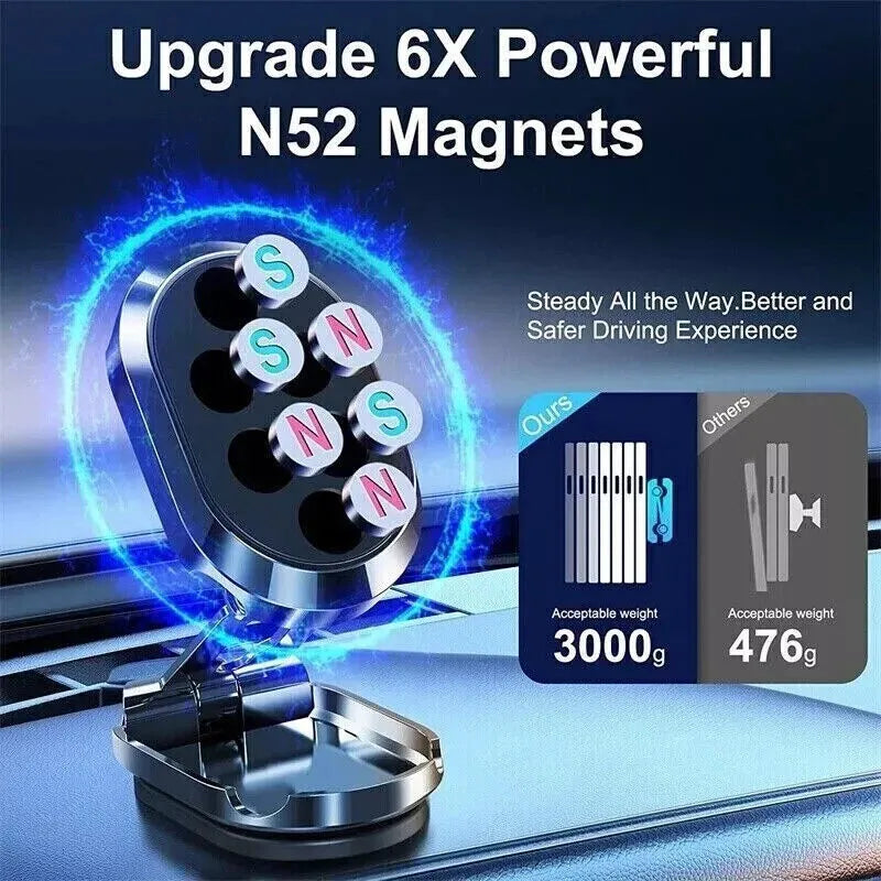 Stainless steel magnetic car phone holder showing folded and extended positions