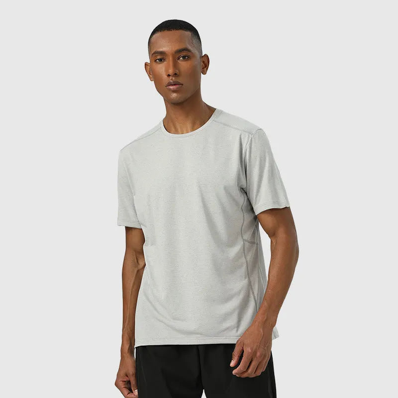 Men's lightweight quick-dry short sleeve t-shirt in light cloud gray with reflective strips, polyester fabric
