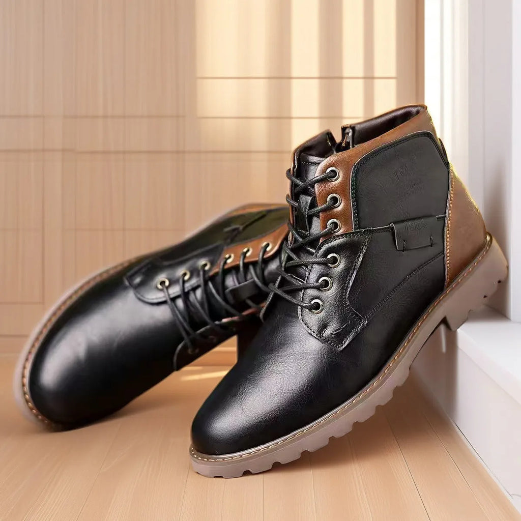Men's Martin ankle boots in black with side zip, round toe, artificial PU upper, and rubber sole