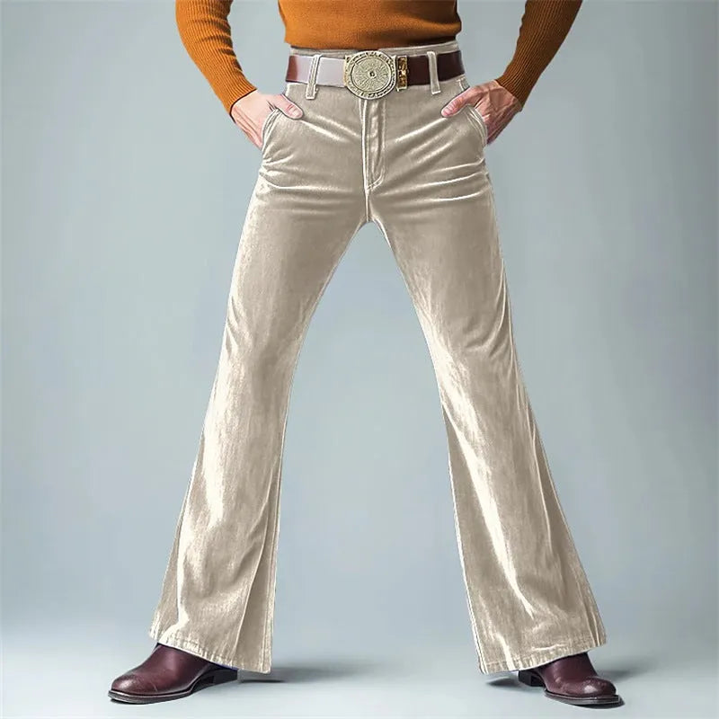 Men's gold velvet slim flared suit trousers with solid colour finish for formal banquet wear