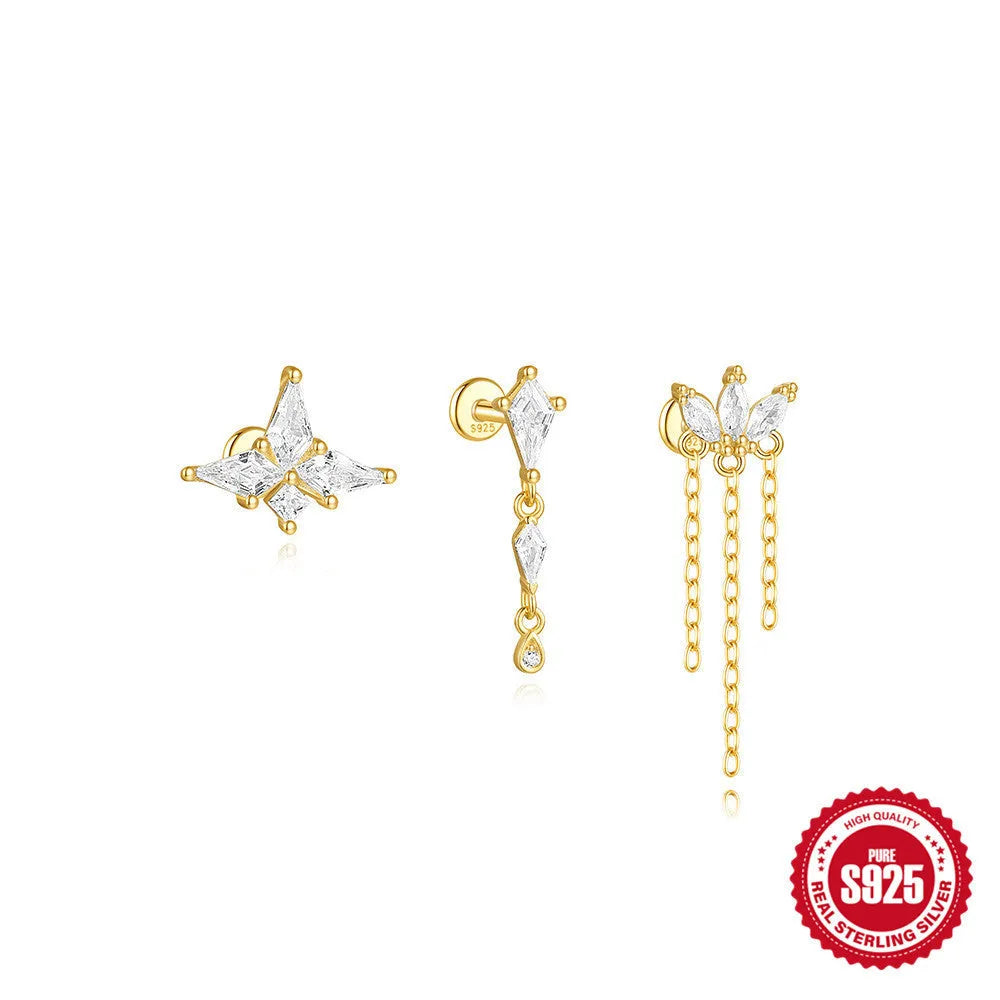 S925 sterling silver geometric kite earring with a rhinestone chain tassel in gold electroplate.