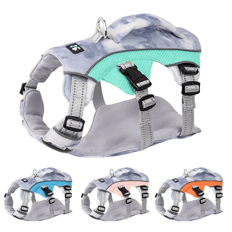 Reflective light blue dog chest strap showing adjustable design for summer walking safety