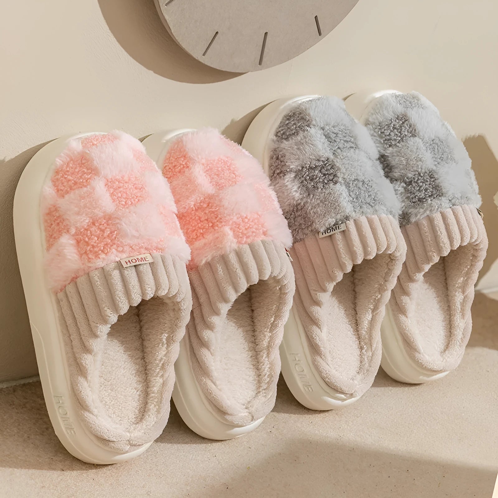 Women's plaid patterned plush slippers with non-slip sole in multiple colour options