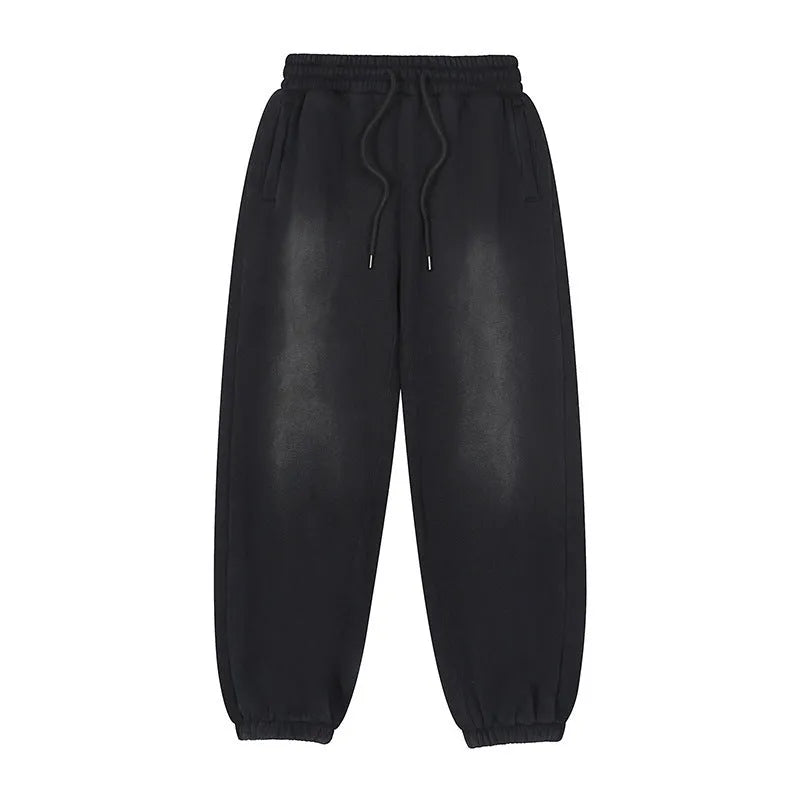 Black men's loose cotton sports sweatpants with wool lining, straight leg style