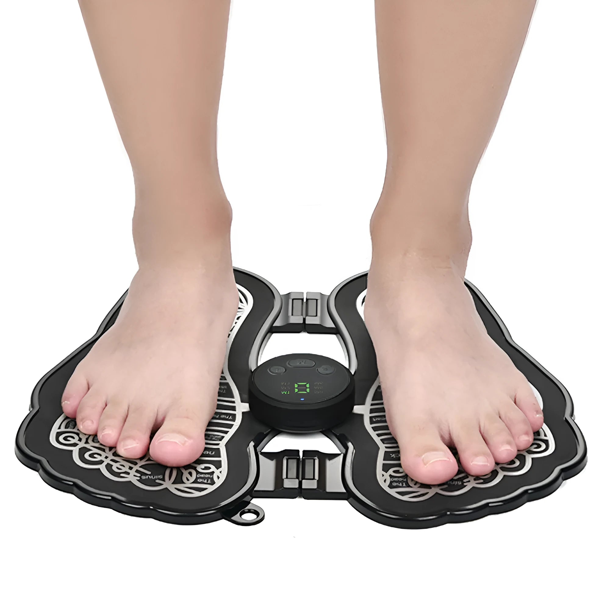 Black rechargeable foldable EMS foot massager pad with control host on floor