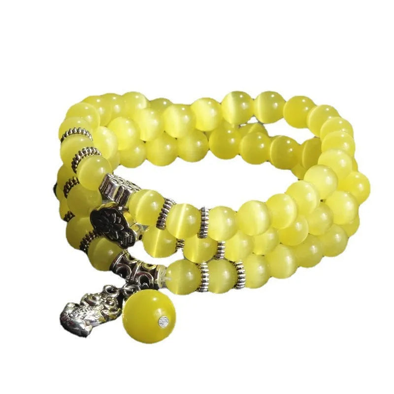Crystal opal bracelet with 8mm cat eye bead and lucky cat charm in three-ring wrap design