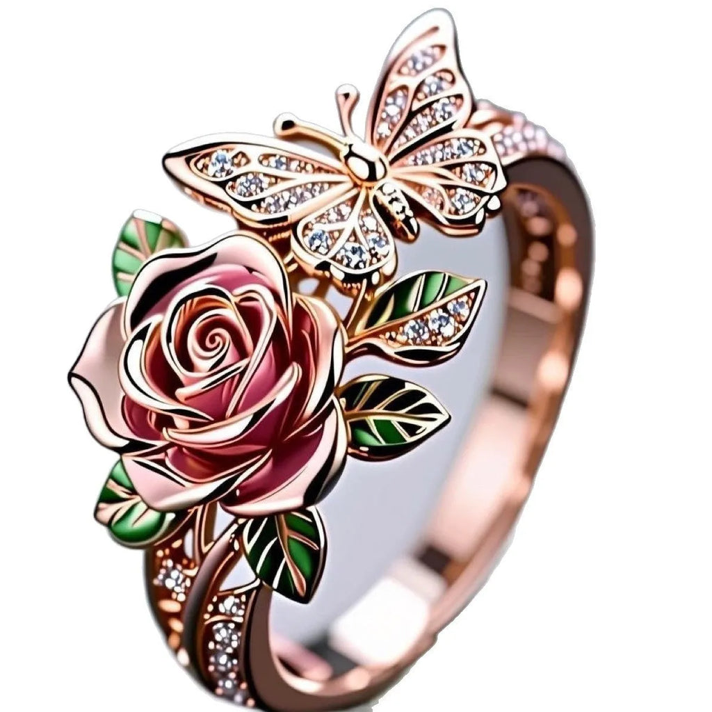 Adjustable butterfly ring with colourful oil drip finish showing floral and insect modelling in alloy metal