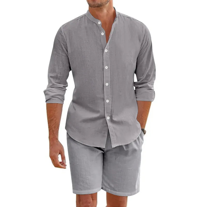 Men's linen-blend summer shirt and shorts set in dark grey with button-down top and drawstring waist shorts
