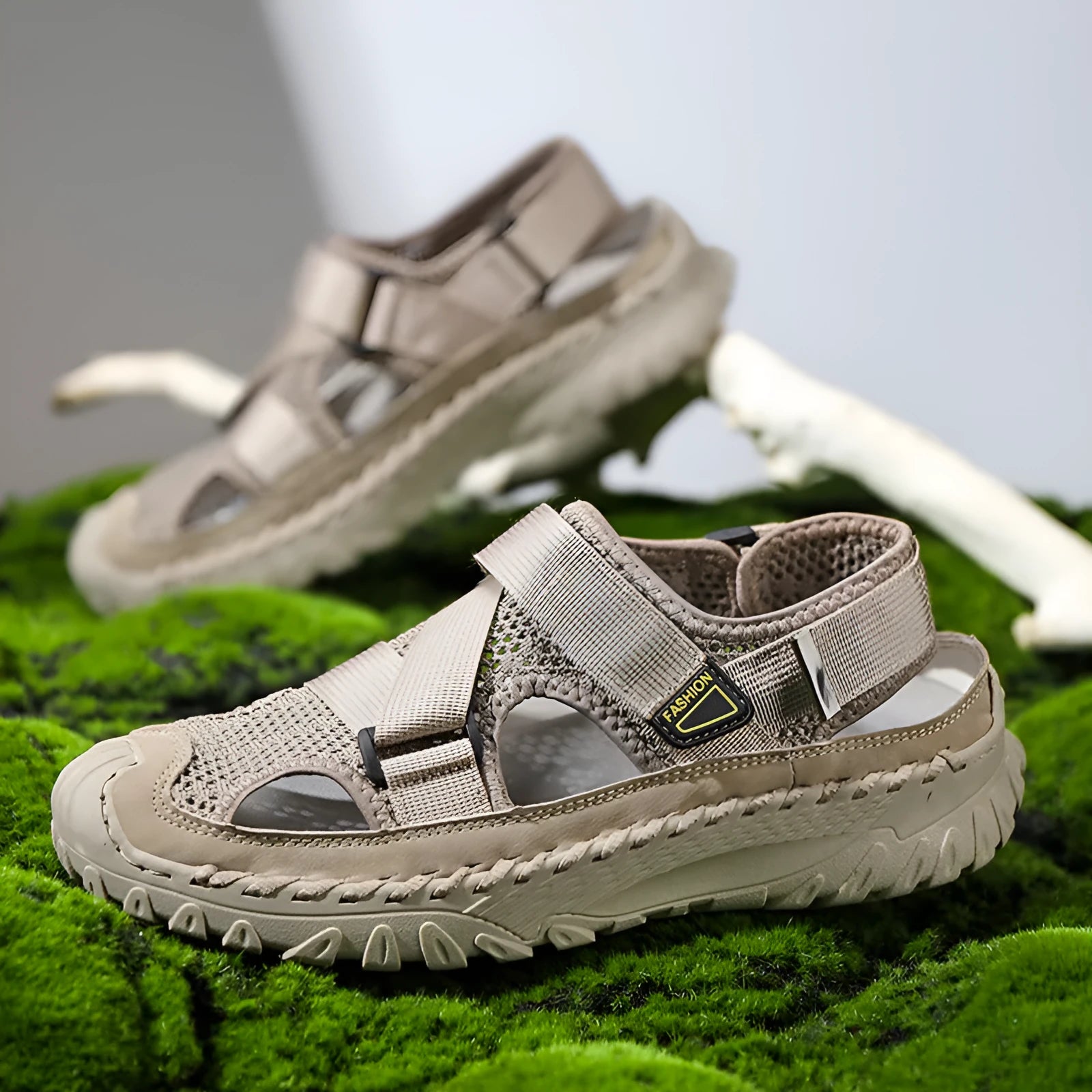 Men's summer casual sandals with hollow mesh surface, genuine leather upper, and elastic band in gray colour