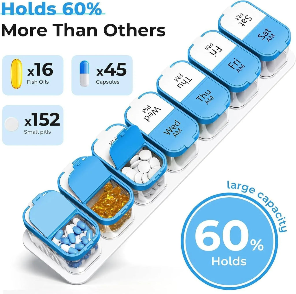 White and rainbow coloured plastic pill organiser with 14 removable compartments, shown with lid open.
