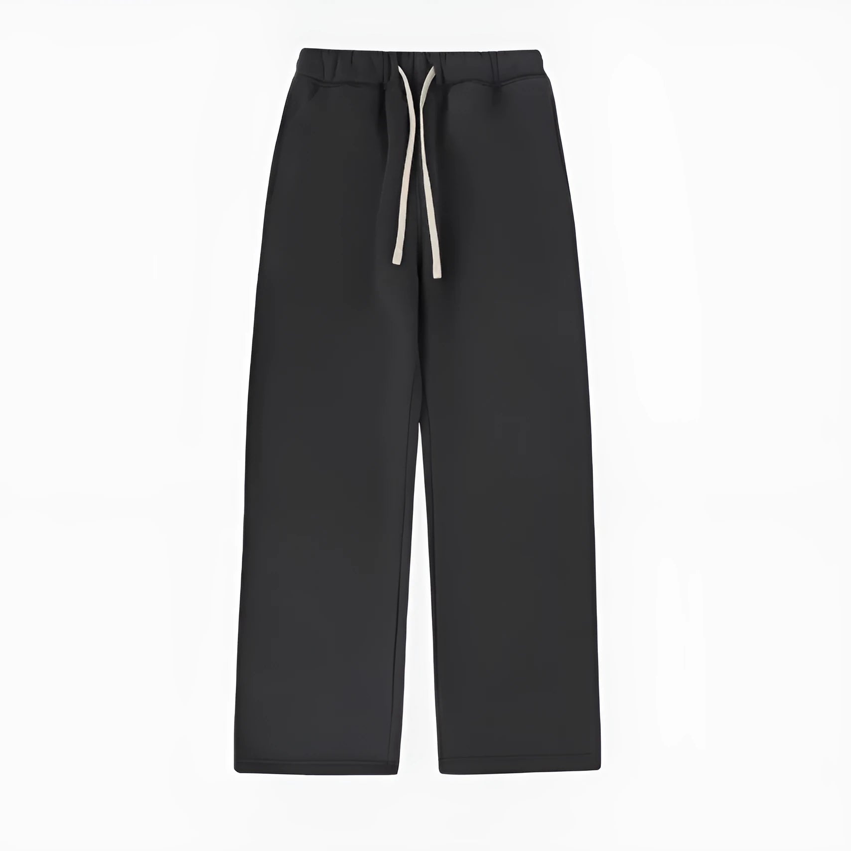 Man wearing thick black fleece-lined sweatpants with an elastic drawstring waist.