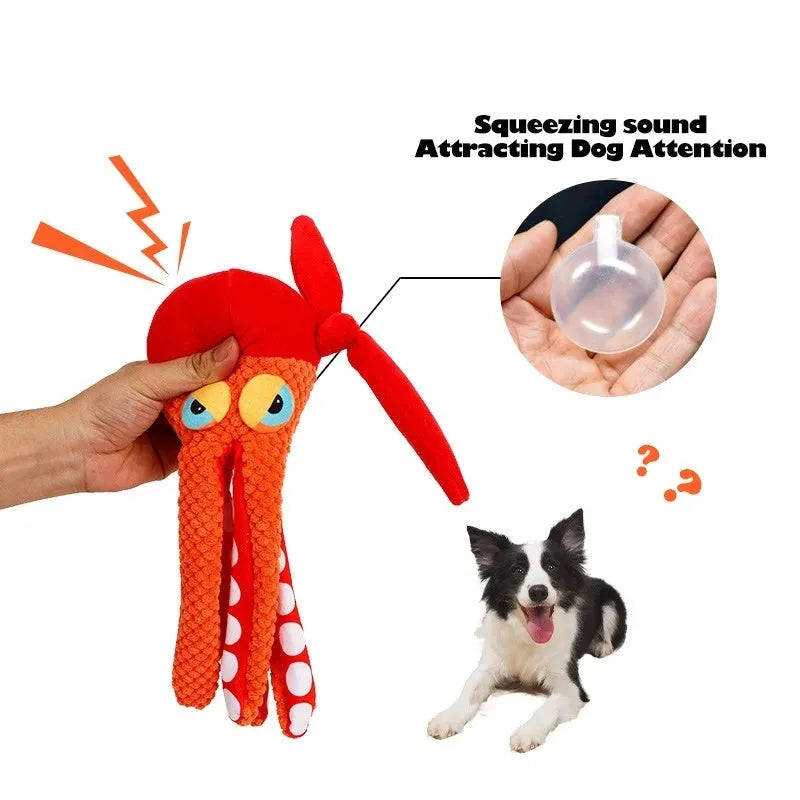 Orange octopus plush dog toy with squeaker for teeth cleaning, 20 cm length