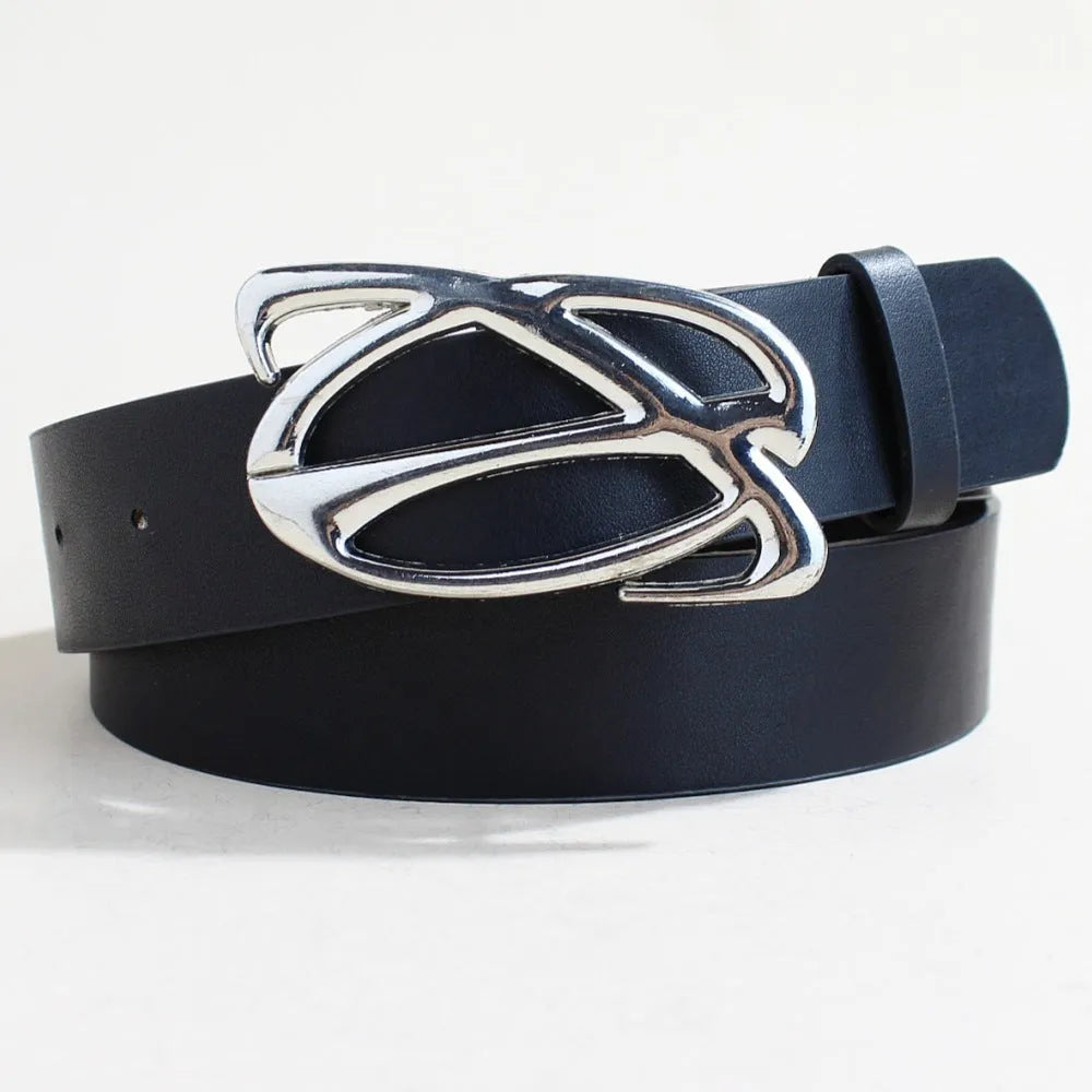 Silver buckle casual belt with PU leather strap showing snap button fastening