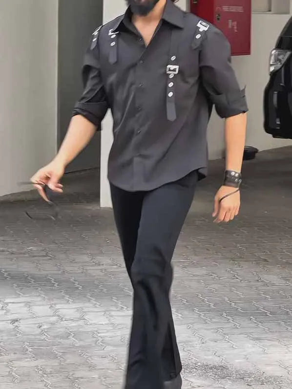 Men's black button-up utility shirt with a regular fit, shown flat