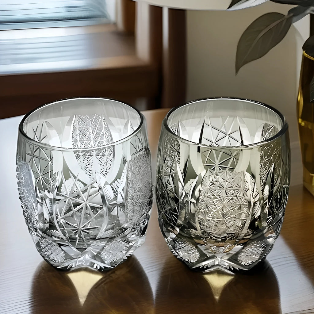 Edo Crystal Glass Whisky Tumbler with amber flash cut design in wooden box