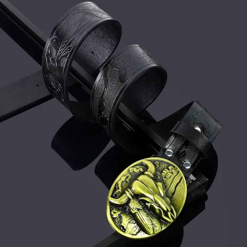 Men's brown leather belt with detailed cow head alloy buckle and pin fastening mechanism
