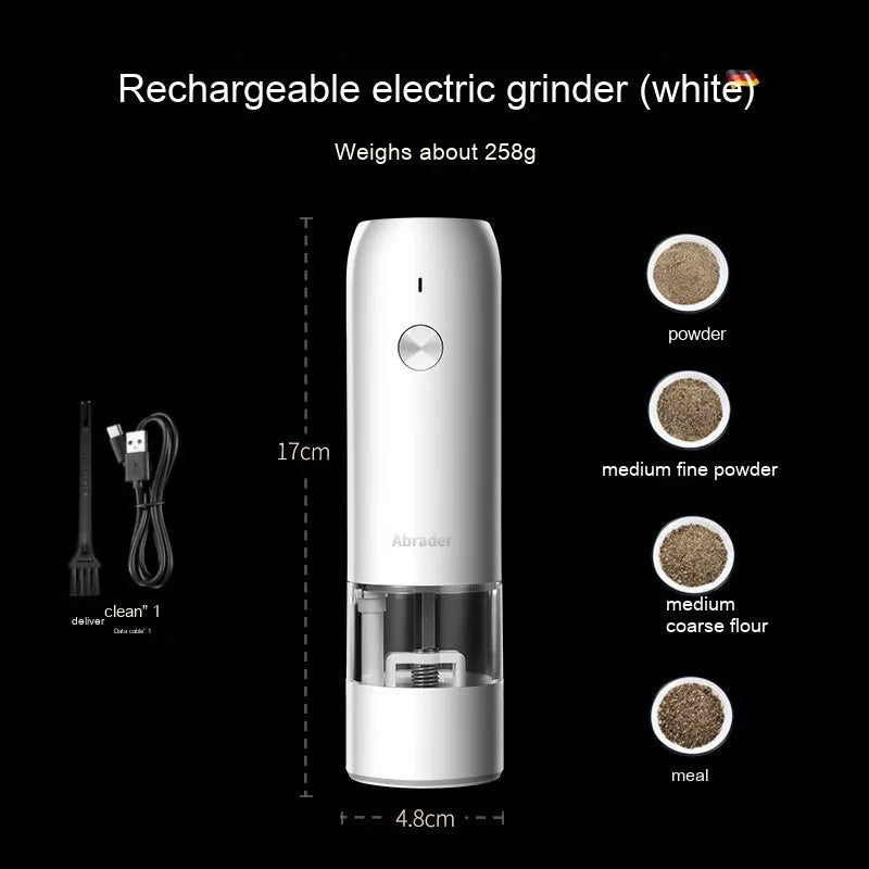 Rechargeable electric pepper and salt grinder set with clear acrylic body, LED light, and USB cable on a countertop