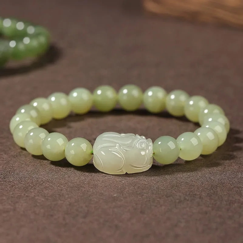 Women's Hetian jade leather bracelet with polished beads, 8mm size, national style design