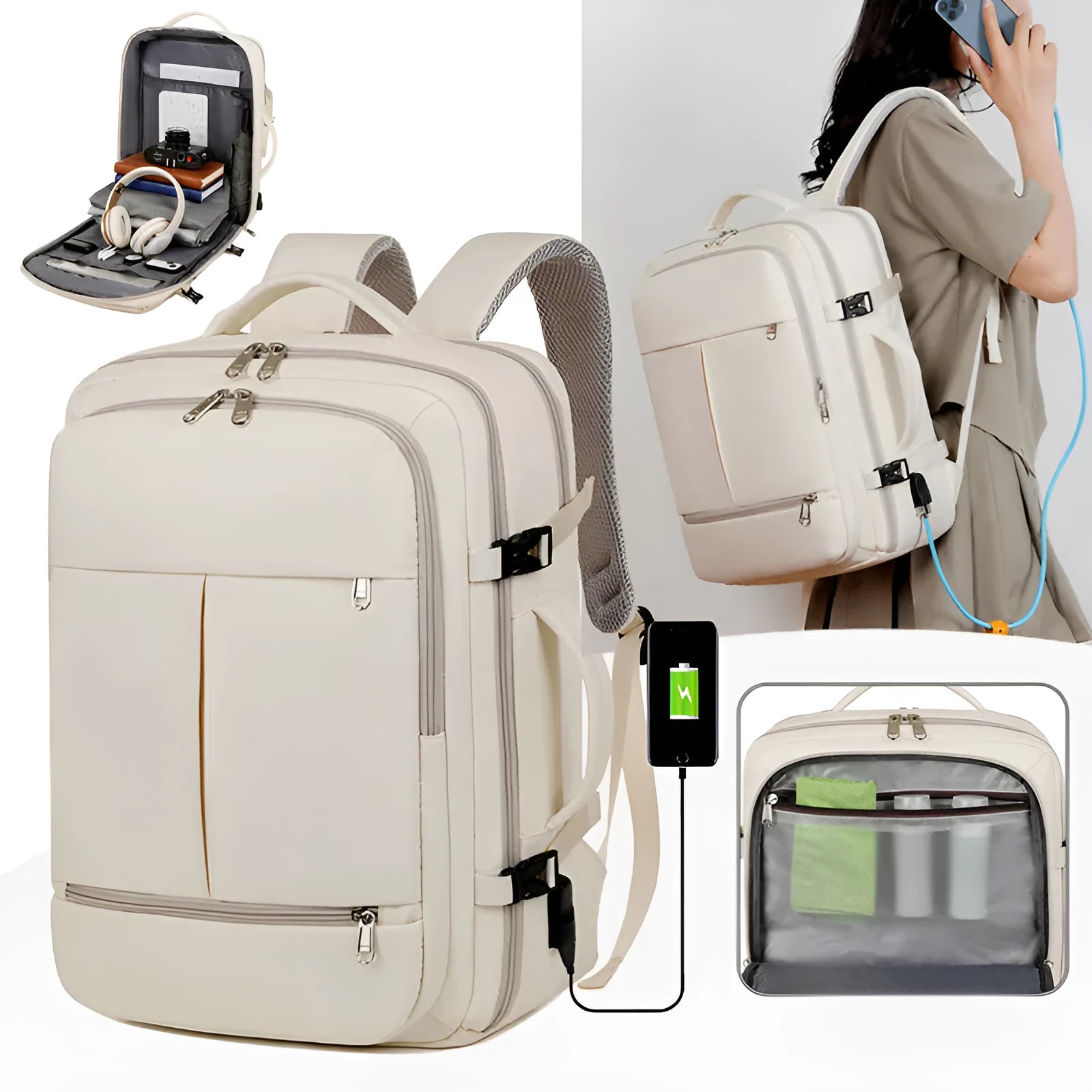 Waterproof Oxford cloth backpack for a 15.6 inch laptop, shown in multiple colours with visible pockets and zippers.