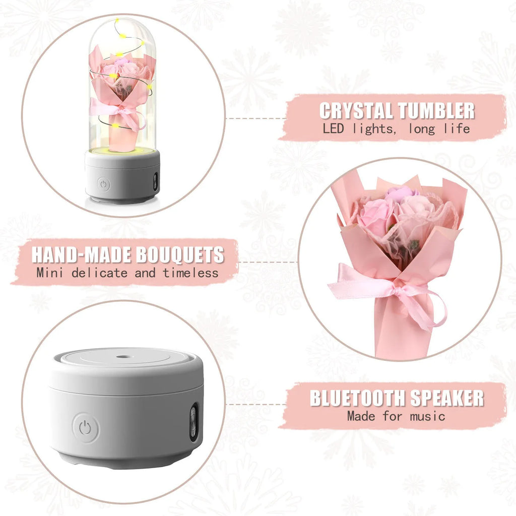 Creative 2 in 1 bouquet LED light and Bluetooth speaker in glass cover with rose lights