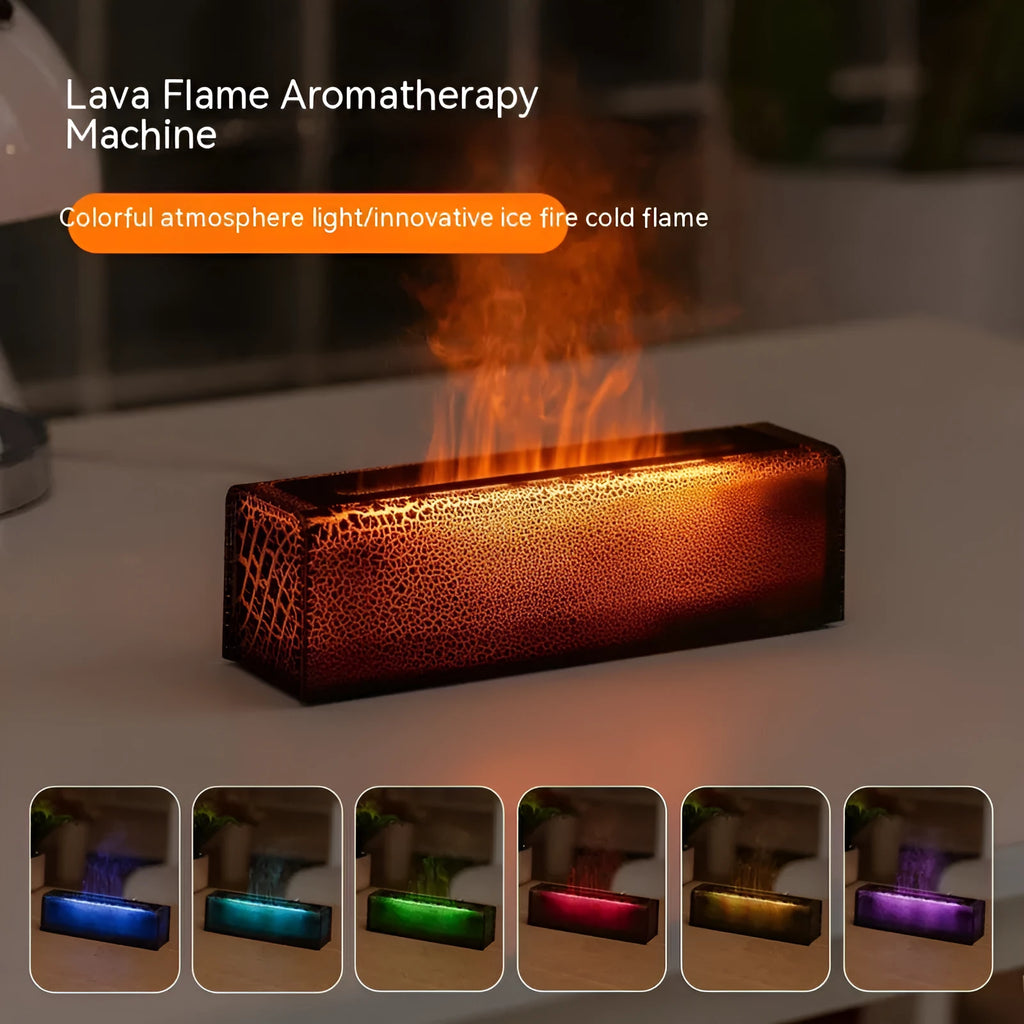 Creative square lava flame aroma diffuser and humidifier on a desktop with colourful LED light effect.